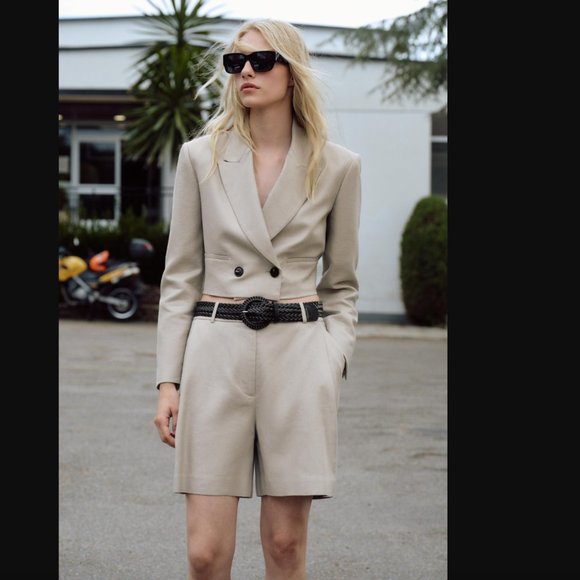 NWT ZARA 2 PIECES MATCH SET SUIT LINEN BLEND CROPPED BLAZER + SHORTS SAND